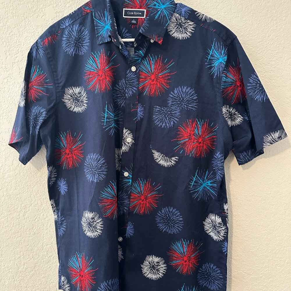 Club Room America Red White & Blue Fireworks Short Sleeve Button Down Shirt - L